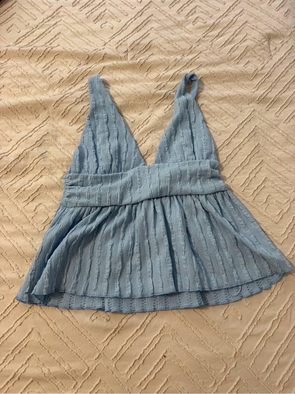 Light Blue Textured V-Neck Peplum Tank Top